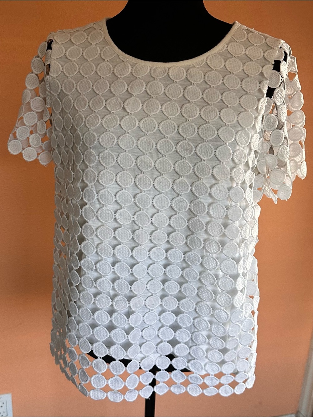 Charter Club White Circular Lace Overlay Short Sleeve Top